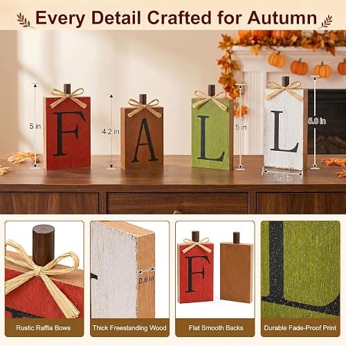 OLANRUN Fall Decorations for Home, Fall Decor - 4Pcs Vintage Wooden Autumn Thanksgiving Decorations for Table Indoor Home Office Farmhouse Kitchen Room Bedroom Mantel Tiered Tray Rustic Wood Signs thumbnail 4