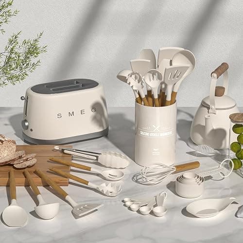 Umite Chef Kitchen Cooking Utensils Set, 33 pcs Non-Stick Silicone Cooking Kitchen Utensils Spatula Set with Holder, Wooden Handle Silicone Kitchen Gadgets Utensil Set (Khaki) thumbnail 2