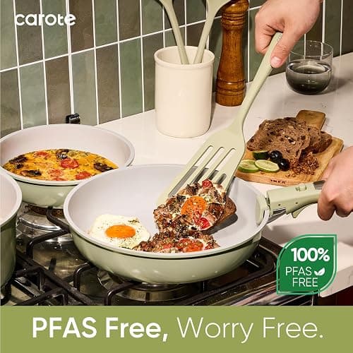 CAROTE 27pcs Ceramic Cookware Set Nonstick, Pots and Pans Set Non Stick, Non Toxic Cookware Detachable Handles, Dishwasher/Oven Safe, RV/Camping Cookware, Pan and Pot with Kitchen Utensils, Green thumbnail 6