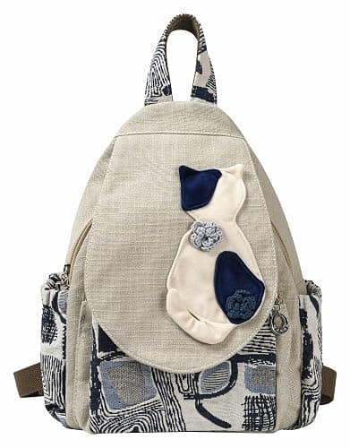 HUANGGUOSHU Boho and Bohemian Small Canvas Backpack Purse for Women - Adjustable Carry Sling Bag, Embroidered and Woven Tapestry Patterns 1 Cat - Image 1