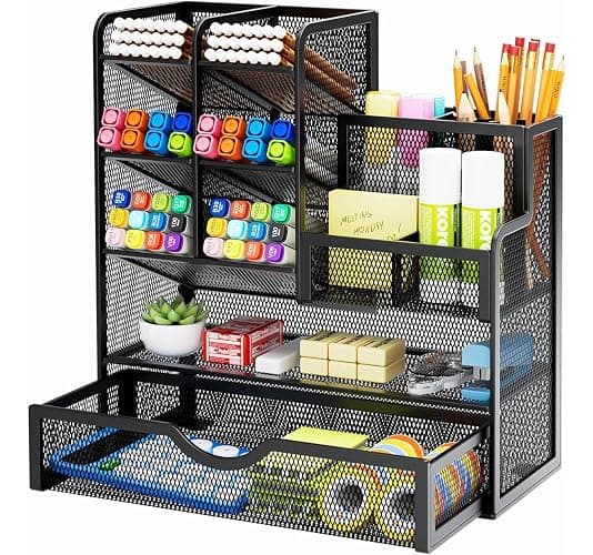 Marbrasse Mesh Desk Organiser,Stationary Organiser,Multifunctional Pen Holder,Desktop Storage and Drawer for Home Officee(Black) - Image 1
