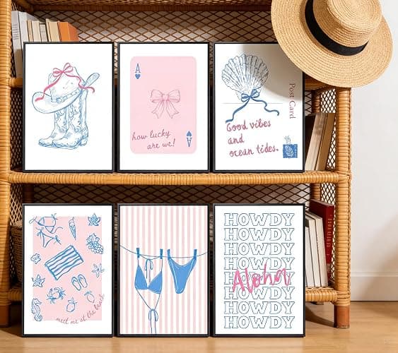 6Pcs Pink Blue Coastal Granddaughter Canvas Wall Art, Preppy Cowgirl Painting Pictures Wall Decor, Bikini Shell Posters Print Artwork for Girl Dorm Room College Home Decoration 8x10In Unframed thumbnail 8