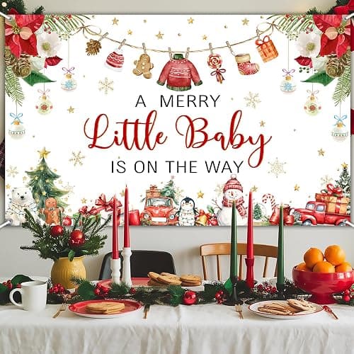 Avezano Christmas Baby Shower Backdrop A Little Merry Is on the Way Banner Xmas Winter Wonderland Newborn Baby Shower Party Decorations (6x3.6ft) thumbnail 3