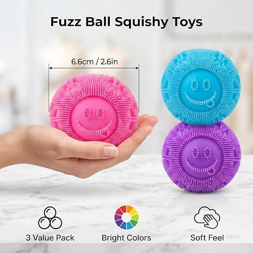 3 Pack Fuzz Ball Squishy Toys, 2.6 Inch Durable Slow Rising Stress Balls | for Anxiety Relief, Sensory Squeeze Fidget Toys for Adults Gifts, Party Favors, Xmas Stocking Stuffers thumbnail 2