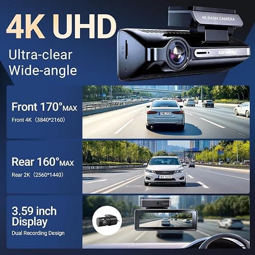 Grskiy 4K Dash Cam Front and Rear, Car Dash Camera with Built-in GPS, 5GHz WiFi, Night Vision, G-Sensor, 64GB SD Card, Loop Recording, 3.59 Inch Screen, 170° Wide Angle, Parking Monitor thumbnail 3