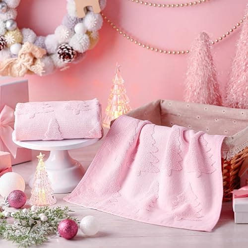 Breling 2 Pcs Christmas Hand Towels Pink Christmas Trees Bathroom Decorative Towels 100% Cotton Absorbent Jacquard Weave Bath Decor Winter Holiday Bathroom Decor Xmas Gifts 13.7''x29.5'' thumbnail 4