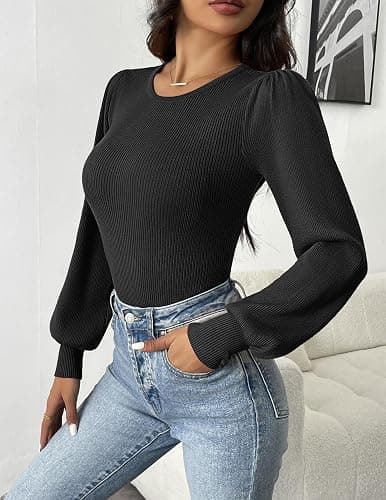 Zeagoo Womens Sweaters Long Sleeve Bodysuits 2026 Fall Crewneck Puff Knit Pullover Tops thumbnail 3