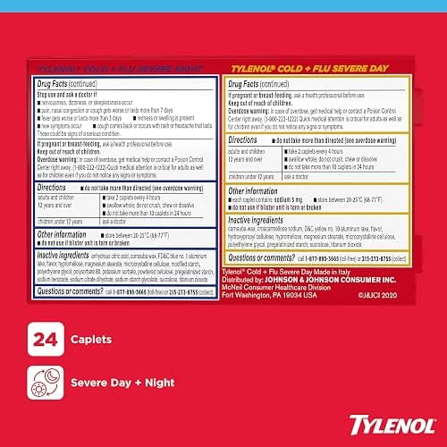 Tylenol Cold + Flu Severe Daytime + Nighttime Cold Medicine Caplets Combo Pack for Multi-Symptom, Cough, Sore Throat, Headache, Nasal Congestion Relief, Acetaminophen, Pain Reliever, 24 Count thumbnail 7
