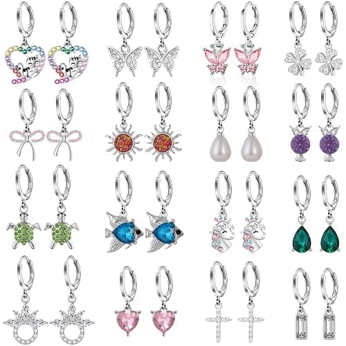 16 Pairs Hypoallergenic Silver Small Hoop Dangle Earrings Set for Girls Women Cute Heart Cat Butterfly Pearl Bow Huggie Hoop Dangle Earrings for Little Girls Kids Jewelry Gift - Image 1