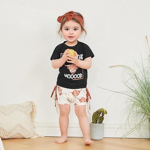 Fernvia Western Toddler Baby Girl Clothes Letter Short Sleeve T-Shirt Top + Tassel Shorts Outfits + Headband 3Pcs Set thumbnail 2