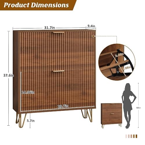 LYNCOHOME Fluted Narrow Shoe Storage Cabinet with 2 Flip Drawers, Freestanding Shoe Organizer for Entryway, Shoe Rack Cabinet with Adjustable Shelves, Walnut thumbnail 2