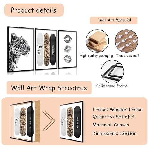 Framed Stockholm Style Canvas Wall Art Set of 3 Black and White Fashion Leopard Print Lips, Preppy Room Aesthetic Cheetah Wall Decor for Girls Bedroom Apartment or Dorm12x16 Inch Black Wood Frame thumbnail 3