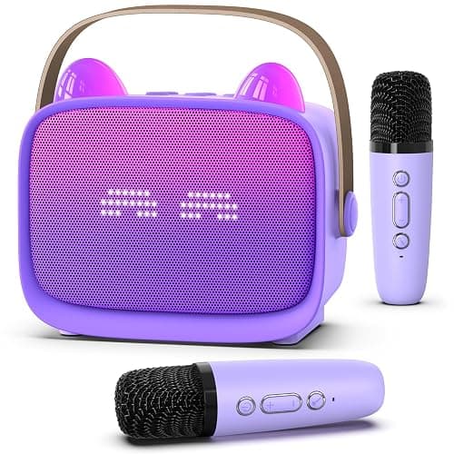 Mgaolo Upgraded Mini Karaoke Machine Toy for Kids, Portable Bluetooth Speaker with 2 Wireless Mics, Emoji & Colorful LED Lights, Home Travel & Party Play Gifts for Boys Girls (Purple) - Image 1
