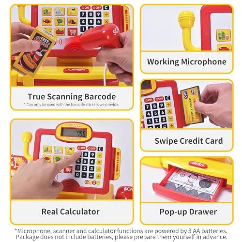 FS Toy Cash Register for Kids, with True Barcode Scanner & Calculator Toys, Pretend Play for Toddlers 3-5, Shopping Playset, Kids Cash Register with Credit Card for Boys and Girls thumbnail 4