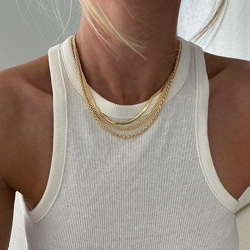 DEARMAY 14K Gold Plated Necklaces for Women, Dainty Gold Herringbone Choker Necklace Thin Layered Snake Chain Jewelry for Gifts thumbnail 7