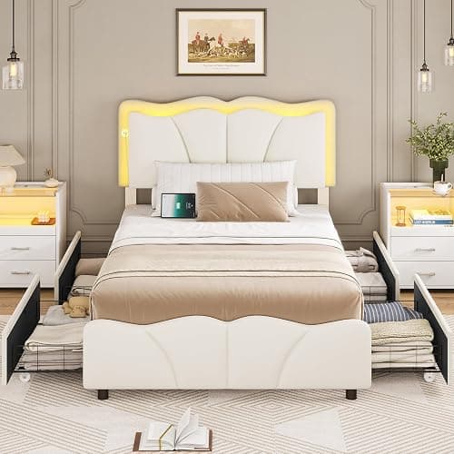 MSmask Twin Bed Frames with 4 Storage Drawers and LED Lights, Velvet Upholstered Platform Bed Frame with Height Adjustable Headboard, LED Bed Frame with Type C & USB, No Box Spring Needed, White thumbnail 8