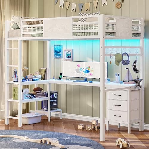 ADORNEVE Loft Bed Twin Size with L-Shaped Desk, LED Lights,Charging Station, Twin Metal Loft Bed Frame with Fabric Drawers & Shelve, 13.4" H Safety Guardrail, No Box Spring Needed, White - Image 1
