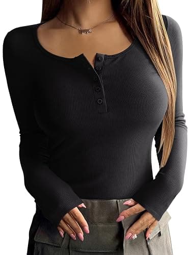 REORIA Women's 2025 Fall Long Sleeve Henley T Shirts Button Ribbed Knit Slim Fit Casual Basic Tops Blouse thumbnail 6