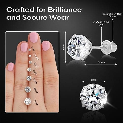 Art and Molly 14K Solitaire Gold Earring Solid 14-Karat Round Cubic Zirconia Stud Earrings with Screw-Back, CZ Studs with Gift-Ready Box thumbnail 3
