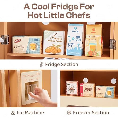 ROBOTIME Kids Wooden Refrigerator, Play Kitchen Fridge for Toddlers, Toy Fridge with Ice Maker and Food Accessories, Pretend Play Kitchen Toy for Boys & Girls Ages 3+ thumbnail 5