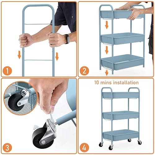 CAXXA 3-Tier Rolling Metal Storage Organizer - Mobile Utility Cart with Caster Wheels, Blue thumbnail 5