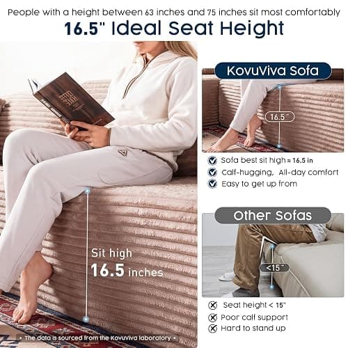 No Assembly Cloud Modular Sectional Sofa，108" U-Shape Corner Couch with Ottoman - Plush Corduroy, Deep Seating, Right Chaise (Camel) | Modern Minimalist Living Room Furniture thumbnail 6