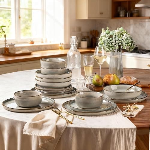 GBHOME Ceramic Dinnerware Sets for 4, 12 Pieces Stoneware Plates and Bowls Sets, Reactive Glaze Dishes -Scratch Resistant, Dishwasher&Microwave Safe, Green Wheat thumbnail 9