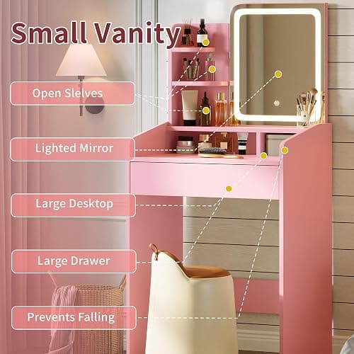Downing Small Vanity Desk with Mirror and Lights, Makeup Vanity with Drawer & Storage Shelves, Makeup Desk with 3 Lighting Modes & Adjustable Brightness, Dressing Table for Women Girls Bedroom Pink thumbnail 3