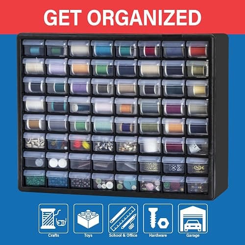 Akro-Mils 64-Drawer Plastic Drawer Storage Cabinet for Garage Organization, Bead Organizer, Building Bricks Storage, Teacher Toolbox, Makeup Organizer, 20" W x 6" D x 16" H, 10164 Black thumbnail 4