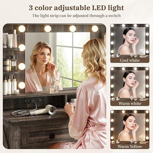 EnHomee Small Vanity Desk with Mirror and Lights, Makeup Vanity with Storage Drawer, Wooden Vanity Desk with Charging Staion for Women's Bedroom, Small Space, Dark Oak thumbnail 5