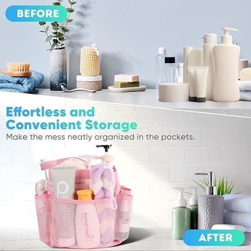 EUDELE Mesh Shower Caddy Portable for College Dorm Room Essentials,Portable Shower Caddy Dorm with 8-Pocket Large Capacity, Shower Bag for Beach, Swimming, Gym, Travel essentials, Pink thumbnail 6