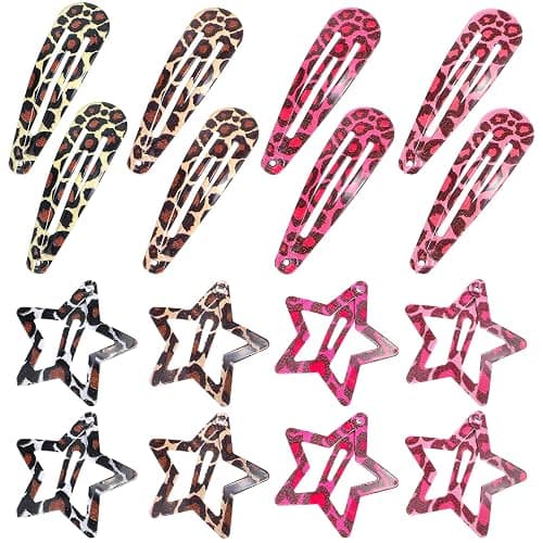 XLIUAX 16Pcs Metal Snap Hair Clips, Pink Leopard Print Hair Barrettes, Star & Water Drop Hairs Clip Non-Slip 2000s Aesthetic Hairs Accessories for Women Girls Thick Thin Styling Decorations - Image 1
