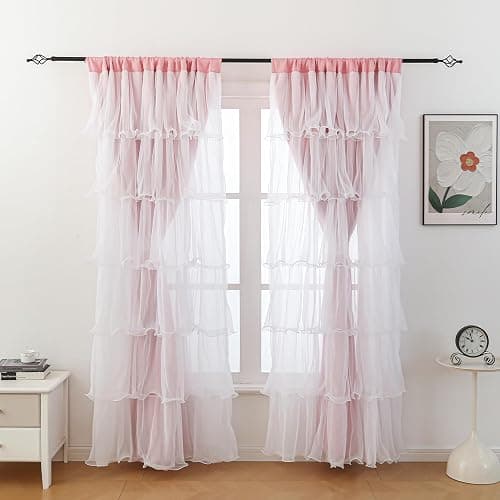 PLEGOS Pink Curtains for Girls Bedroom Blackout Nursery Curtains Double Layer White Ruffle Sheer Overlay for Kids Toddler Room Privacy Room Darkening Window Drapes 52 x 84 Inch thumbnail 2
