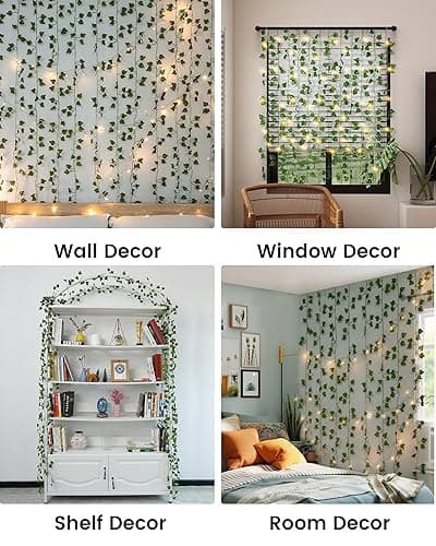 JACKYLED 84Ft 12 Pack Artificial Ivy Garland Fake Plants, Ivy Vines Leaves with CE Certified 80 LED String Lights, Hanging Ivy Lights for Bedroom Garden Party Wall Room Decor - Green - 12Pack-32Ft LED thumbnail 5