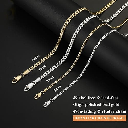 Avotto 3/5mm 14K Gold/Silver Plated Cuban Chain for Men Boys, Stainless Steel Cuban Link Chain for Men Boys Sturdy Non-Fading Necklace Jewelry Gifts 14/16/18/20/22/24Inch thumbnail 3