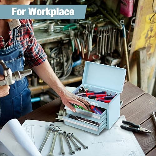 WORKPRO Mini Metal Tool Box with 2 Drawers and Top Storage, Small Tool Chest with PVC Liners and PP Feet Pads, Cold Rolled Steel Toolbox with Magnetic Tab thumbnail 2