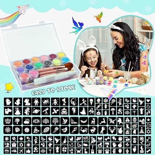 Temporary Glitter Tattoo Kids, Eleanore's Diary 31 Glitter Colors,165 Unique Stencils,2 Glue,4 Brushes,Adults & Kids Arts Glitter Make Up Kit, Gifts for Girls Boys Birthday Party Summer Festival thumbnail 3