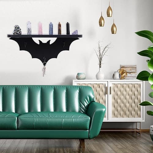 Bat Shelf Floating Shelves for Wall,15.5 inch Wall Shelf with 3 Key Hooks,Black Shelves for Living Room Bedroom Kitchen Gothroom thumbnail 7