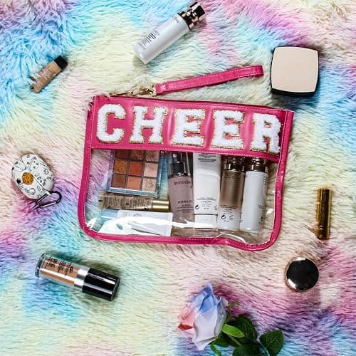 BuyCard Cheer Chenille Letter Bags Clear Makeup Bag, Cheerleader Gifts Cosmetic Bag, Varsity Preppy Patch Flat Pouch Cheer Accessories, Waterproof PVC Organizer Toiletry Bag for Women Girls thumbnail 6