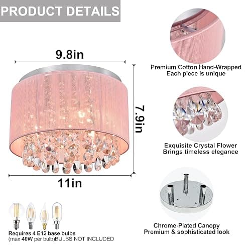 LaLuLa Pink Chandelier Drum Flush Mount Chandelier Crystal Ceiling Light Fixture 3 Light Bedroom Chandelier thumbnail 5