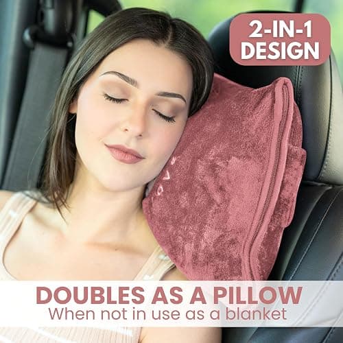 Resty Travel Blanket - Compact Airplane Blanket with Bag - Small and Lightweight Traveling Blanket & Pillow - Portable Blankets with Carabiner for Easy Transport - Plane Train Car (Pink) - Pink thumbnail 5