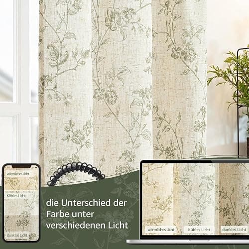 TOPICK Rideaux en lin, 65 x 60 cm avec motif floral, style champêtre, semi-transparent, pour printemps, cuisine, set de 2 pièces, vert sur blanc thumbnail 7