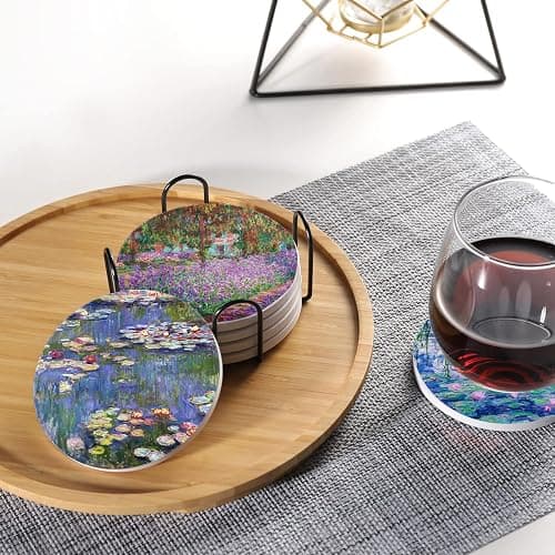 6 Pcs Drink Coasters with Holder, Claude Monet Water Lilies Absorbent Round Ceramic Coaster for Tabletop Protection, Home Decor Coasters for Coffee Cup Beverage Wine Beer Bar thumbnail 5