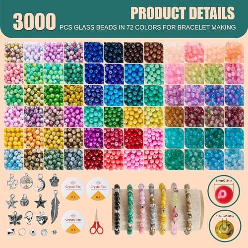 ASIMASIKE 6MM Glass Beads Kit for Jewelry Making - 3 Box Set 72 Colors, 3000pcs Round Colorful Beads for DIY, Beads for Bracelets, Gifts for Teen Girls thumbnail 3