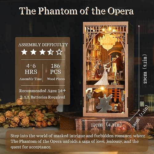 MiniCity Phantom of the Opera Book Nook Kit, DIY 3D Wooden Puzzle with LED | 7.1 x 4.3 x 9.1 in; 186-piece DIY kit with LED and dust cover; glue/tools included; 6-8 hr build for shelf display, ages 14+. thumbnail 3