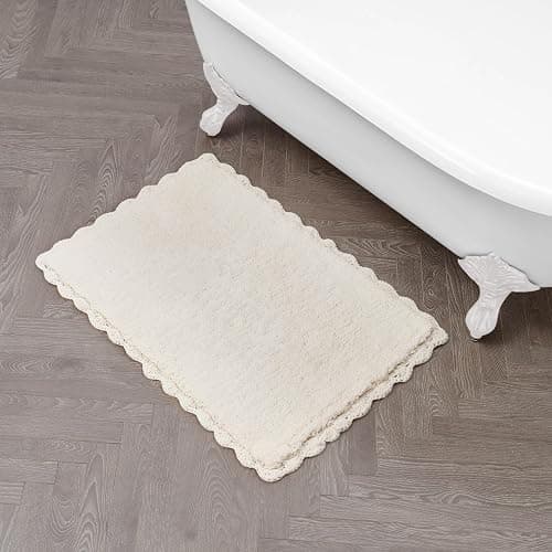 Laura Ashley Heathered Crochet Border 100% Cotton 20" x 32" Skid-Resistant Bath Rug, Ivory - Image 1