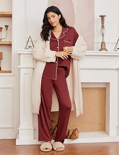 Ekouaer Womens Pajama Sets 2 Piece Long Sleeve Sleepwear Soft Button Down Pjs Lounge Set S-XXL thumbnail 5