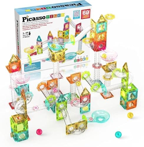PicassoTiles 60 pc Magnet Tiles Building Block Travel Size Magnetic Marble Run Construction Toy Set Mini Diamond Marble RaceTrack Building Blocks Playset Education STEM Learning Kit Boy Girl 3+ PTMG60 - Image 1