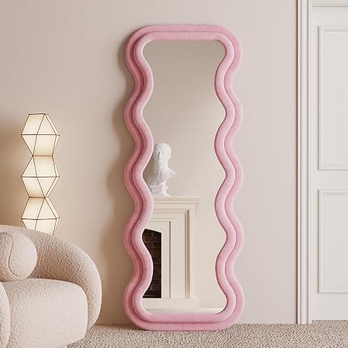 BOJOY Full Length Wavy Mirror, 63"x24", Arched Floor & Wall Mirror - Standing, Hanging or Leaning - Flannel Wrapped Wooden Frame - Pink thumbnail 3