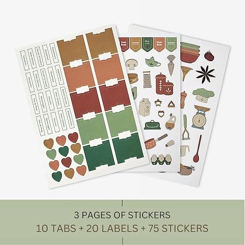 Kikaze Collection Blank Recipe Notebook | Small Blank Recipe Book to Write in Your Own Recipes | Artisan Hardcover Journal for 60 Recipes | 8.4” x 6” Leather Sage Green & Gold Hardcover | Tabs, Stickers, Pocket & Bookmarks thumbnail 8